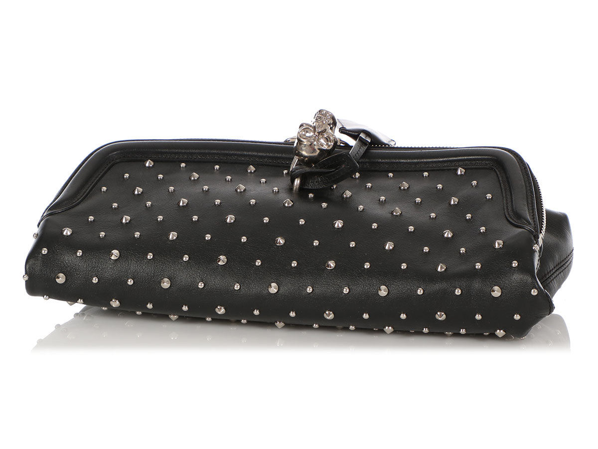 Alexander McQueen Black Calfskin Studded Padlock Skull Clutch