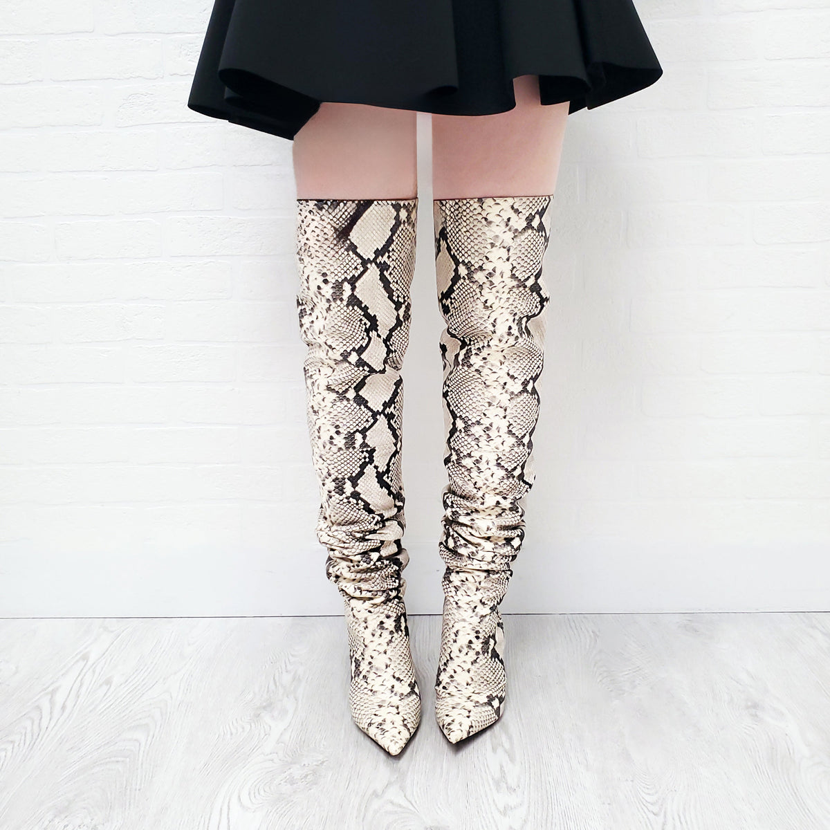 AMINA MUADDI CREAM SNAKESKIN PRINT LEATHER THIGH HIGH BOOTS - SIZE 37