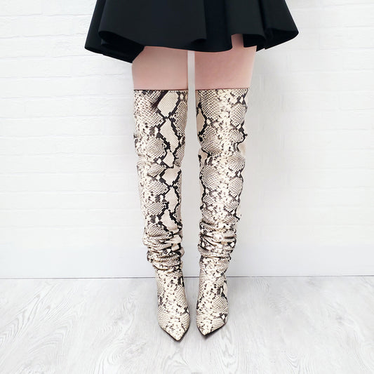 AMINA MUADDI CREAM SNAKESKIN PRINT LEATHER THIGH HIGH BOOTS - SIZE 37
