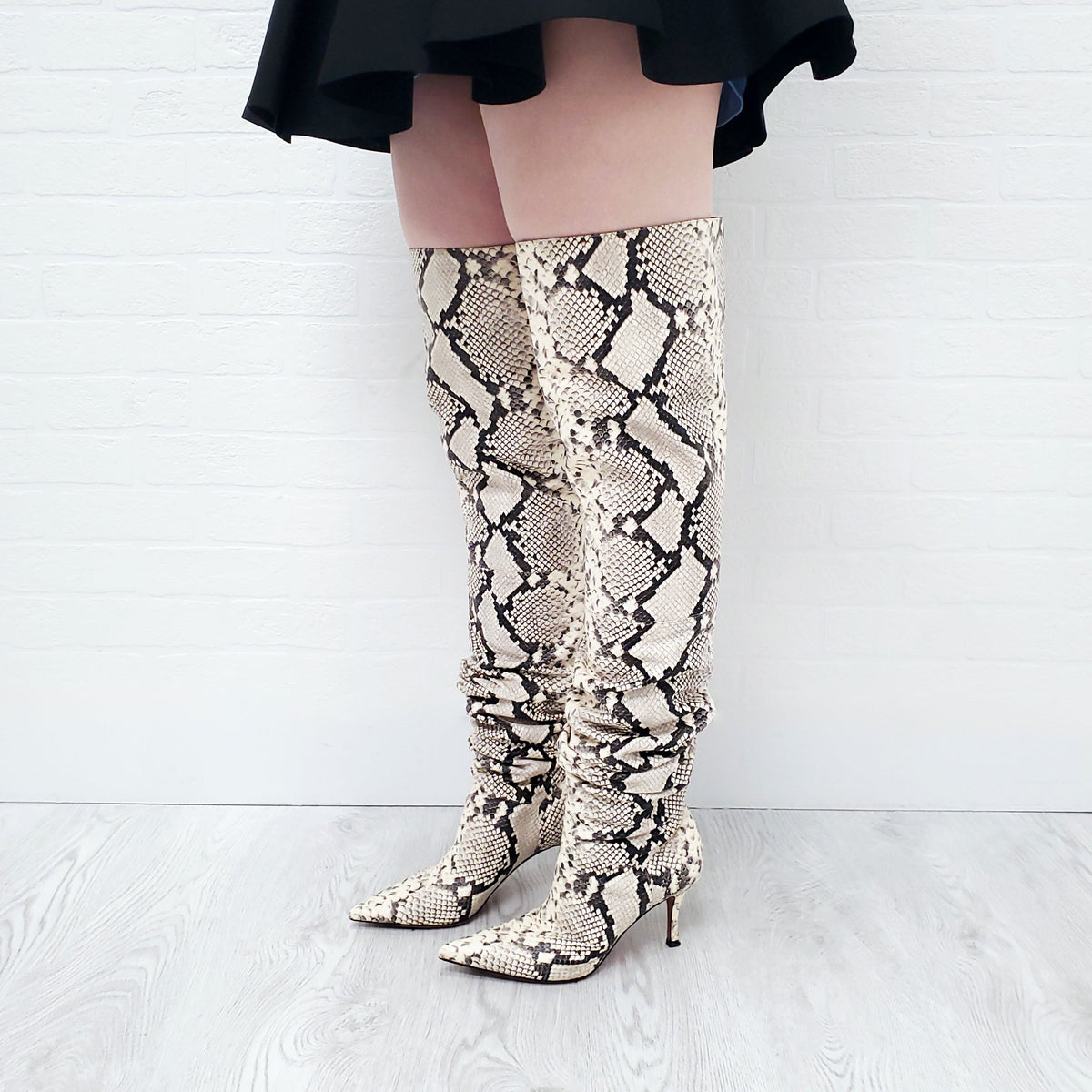 AMINA MUADDI CREAM SNAKESKIN PRINT LEATHER THIGH HIGH BOOTS - SIZE 37