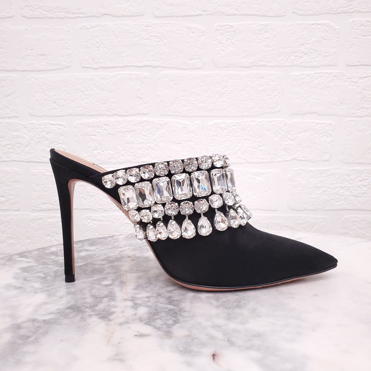 AQUAZZURA BLACK SATIN MULES WITH CRYSTALS - SIZE 36.5