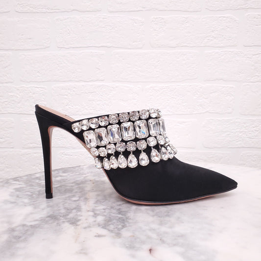 AQUAZZURA BLACK SATIN MULES WITH CRYSTALS - SIZE 36.5