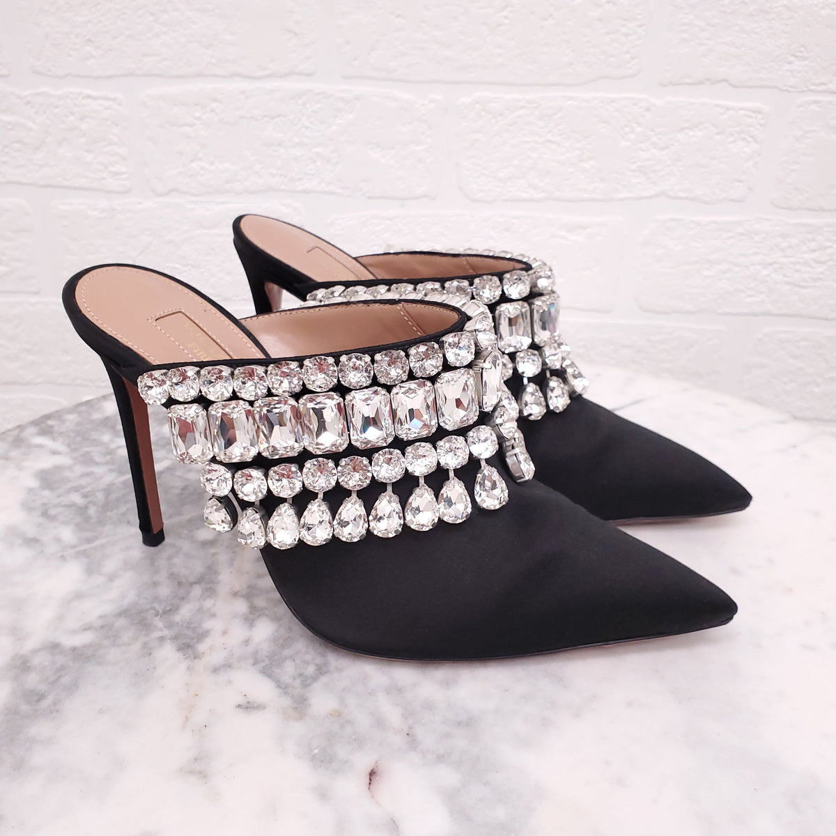 AQUAZZURA BLACK SATIN MULES WITH CRYSTALS - SIZE 36.5
