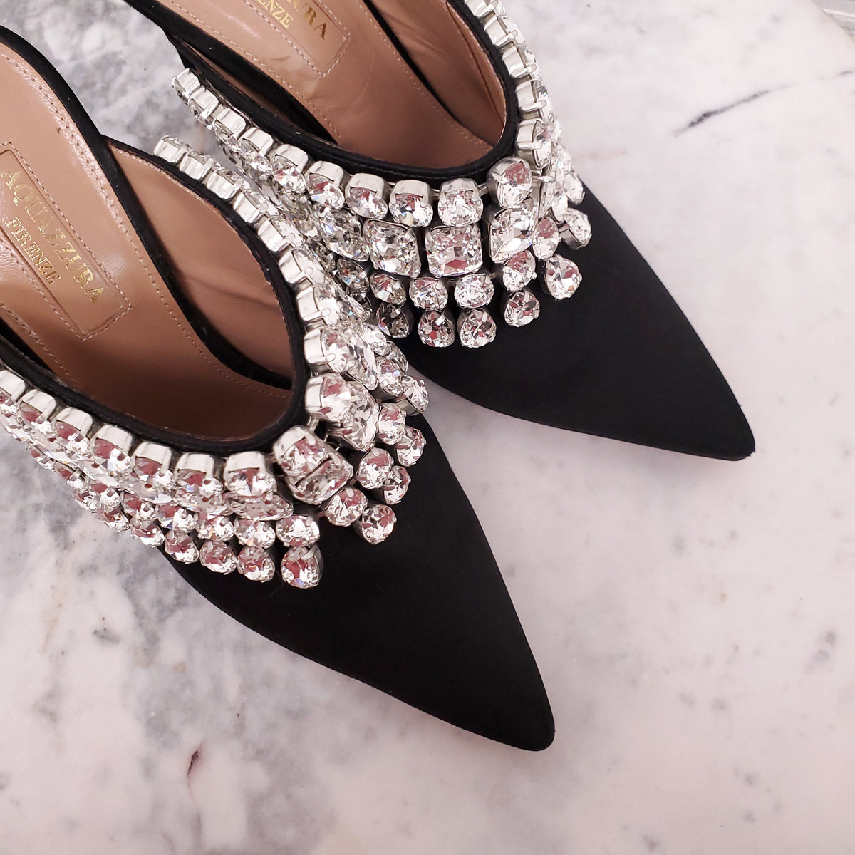 AQUAZZURA BLACK SATIN MULES WITH CRYSTALS - SIZE 36.5