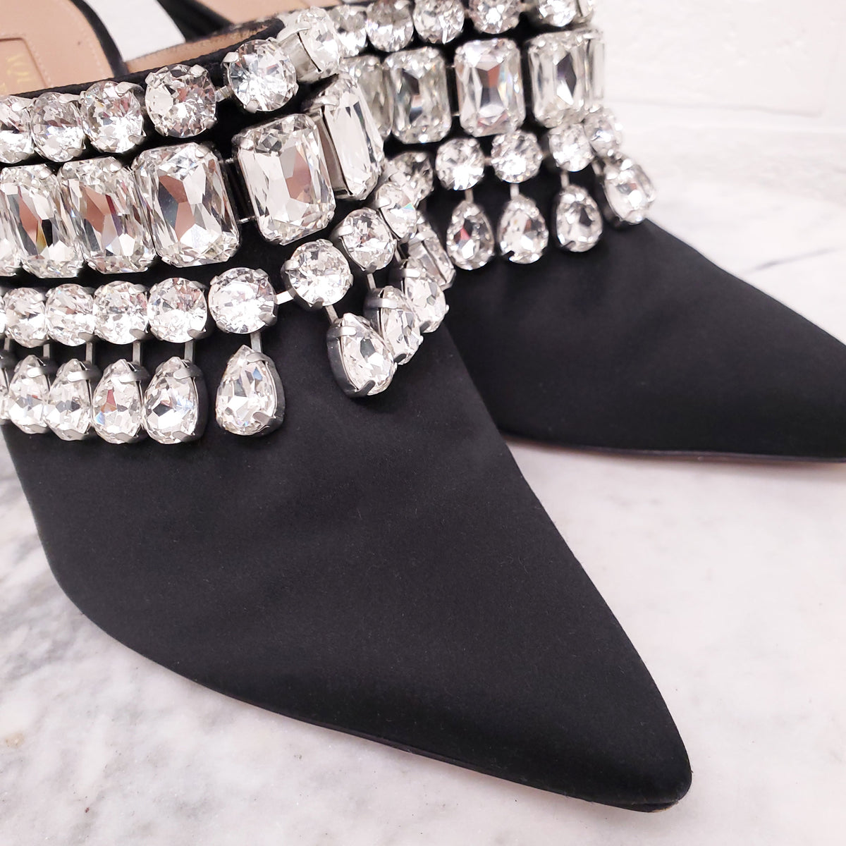 AQUAZZURA BLACK SATIN MULES WITH CRYSTALS - SIZE 36.5