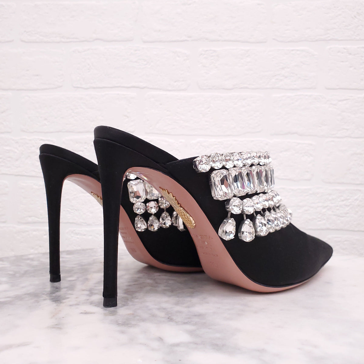 AQUAZZURA BLACK SATIN MULES WITH CRYSTALS - SIZE 36.5