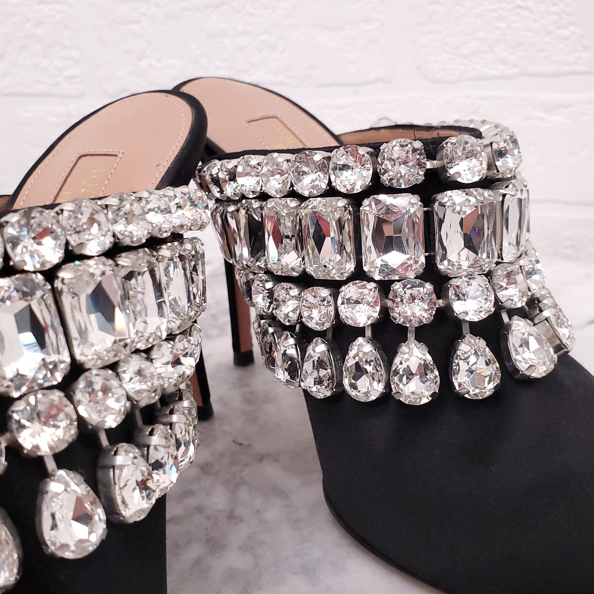 AQUAZZURA BLACK SATIN MULES WITH CRYSTALS - SIZE 36.5