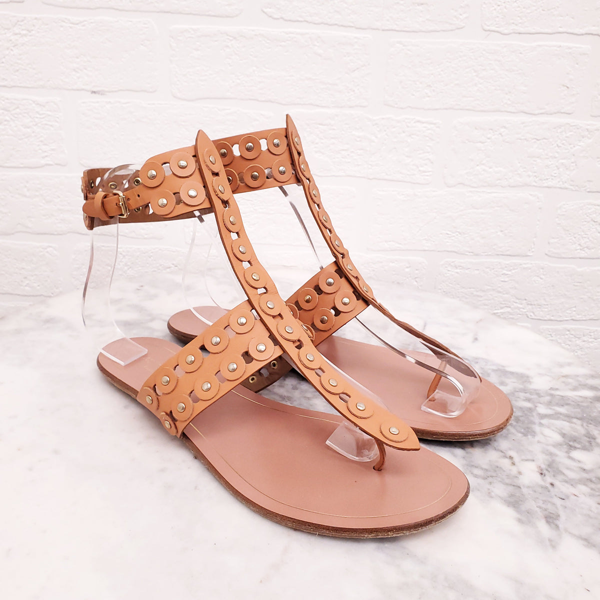 AQUAZZURA TAN STUDDED SANDALS - SIZE 37