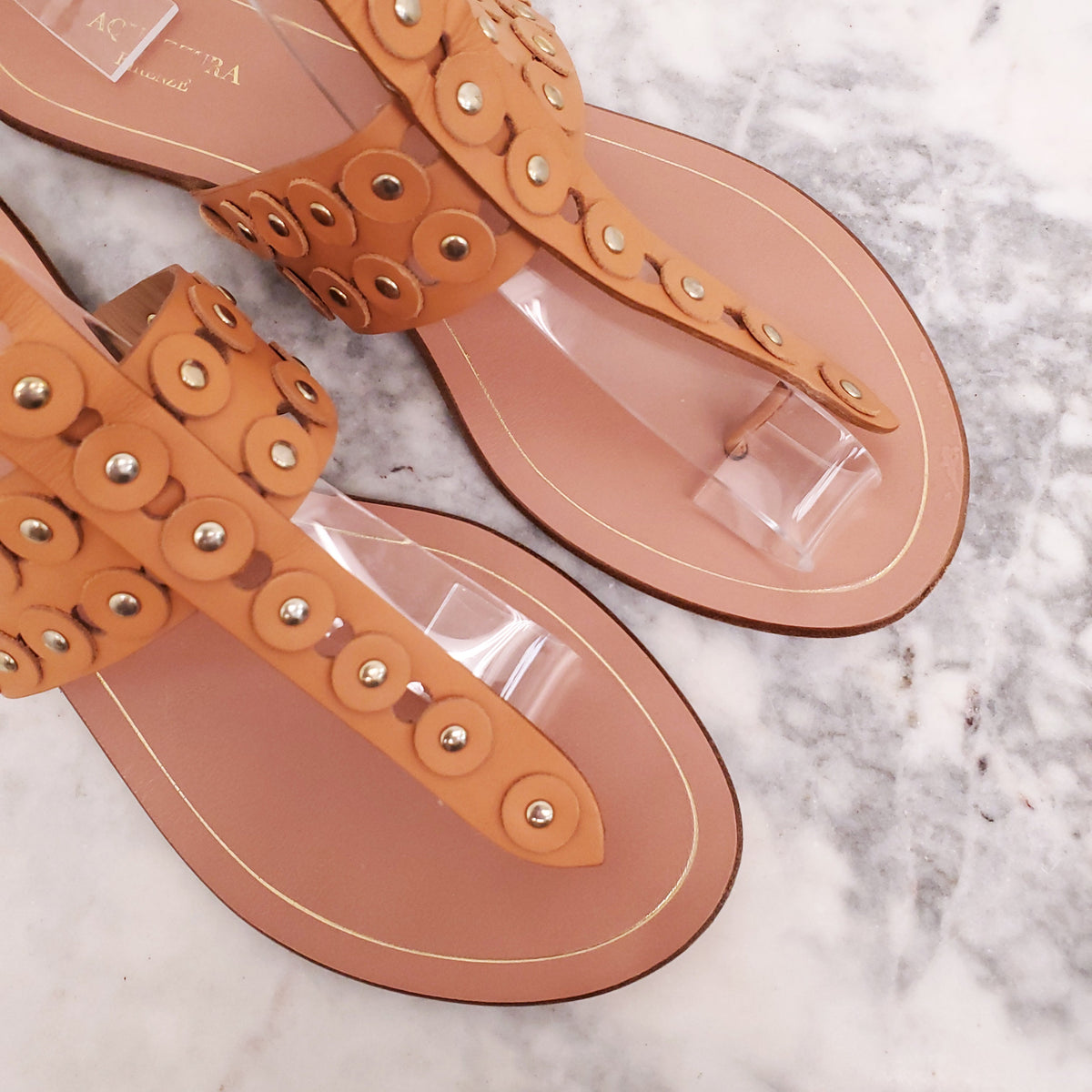 AQUAZZURA TAN STUDDED SANDALS - SIZE 37