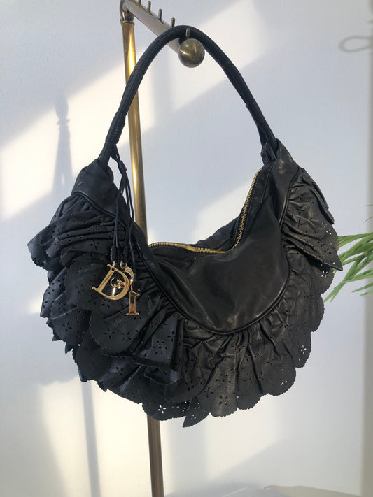 Christian Dior  Logo Charm Cut Out Leather Handbag Shoulder bag Black Vintage 54pzak