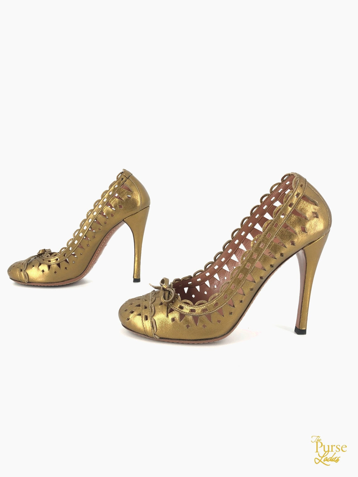 ALAIA Gold Metallic Laser Cut Leather Pumps SZ 37