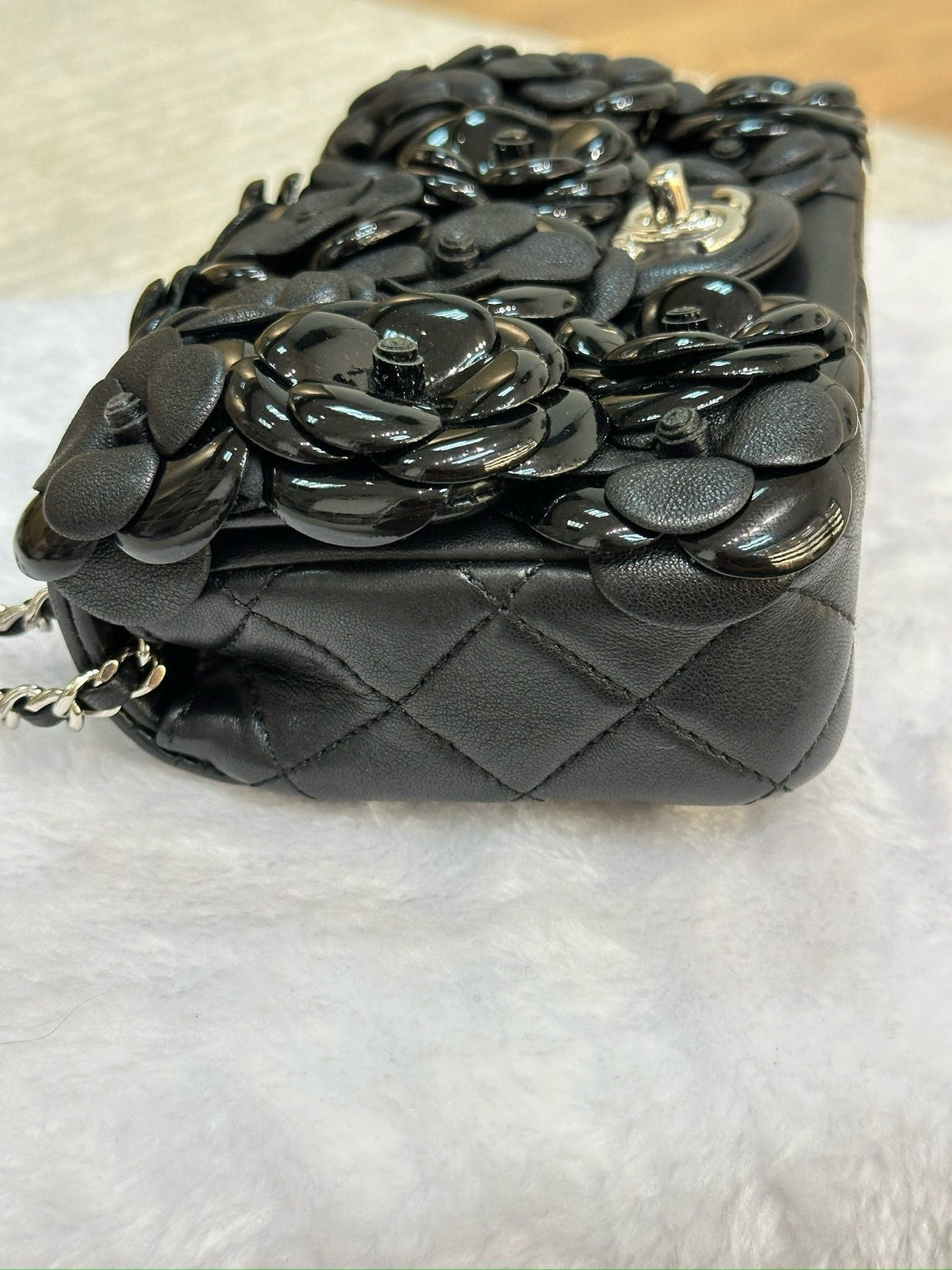 Chanel Mini Limited Edition Black Camellia  Lambskin Flap Bag