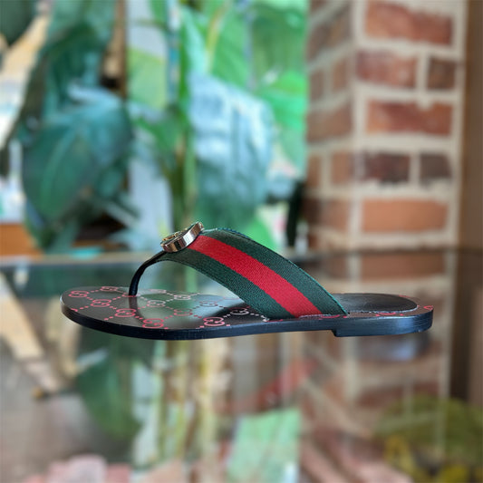 GUCCI Kika Canvas Stripe Thong Sandals SZ35