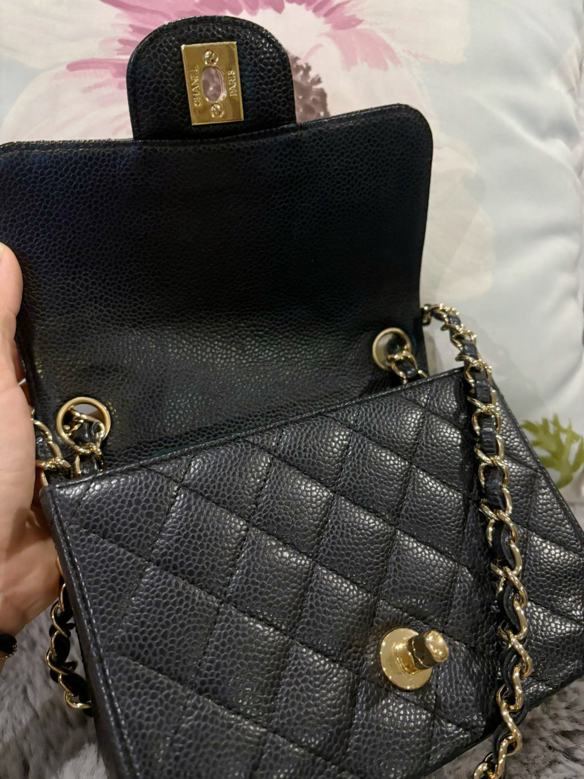 Chanel Mini Square Caviar Flap Bag Black GHW 1203 holo card