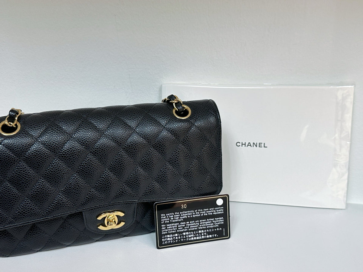 Chanel Medium Size Classic Quilted Caviar Double Flap Bag Black 3022 holo card