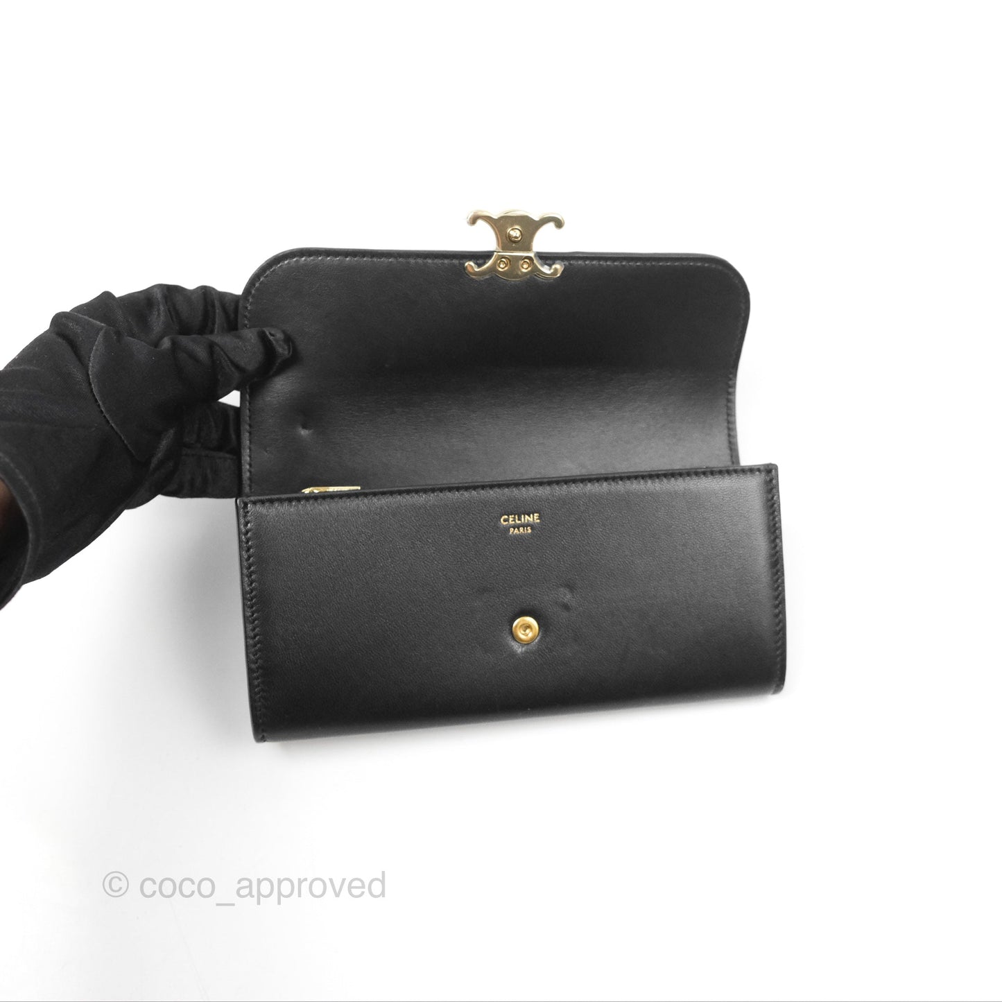 Celine Large Wallet Triomphe in Shiny Calfskin Black Gold Hardware