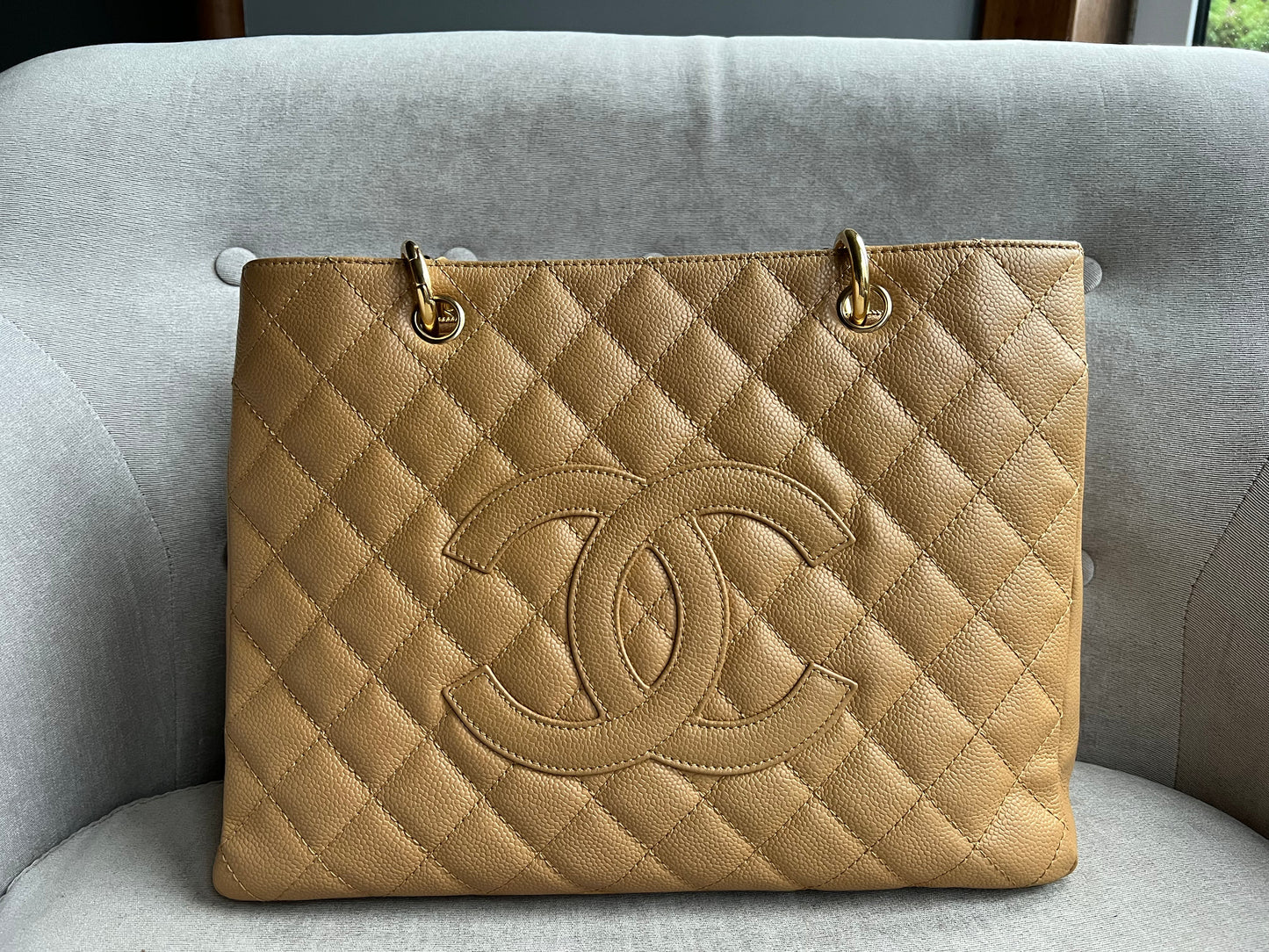 Chanel Caramel Caviar Grand Shopper Tote with gold hardware