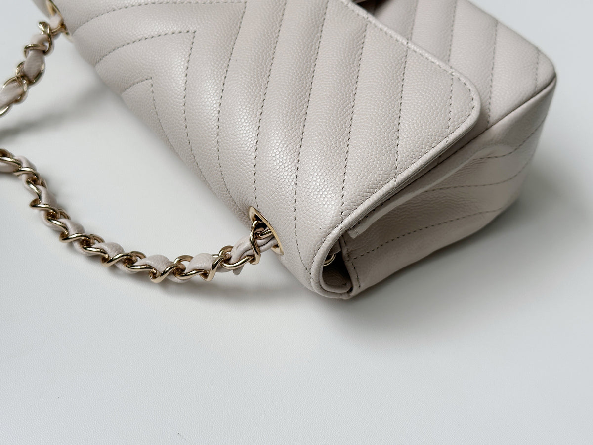 Chanel Mini Rectangle Chevron Blush Hue Light Beige Flap Bag LGHW 2644 holo card