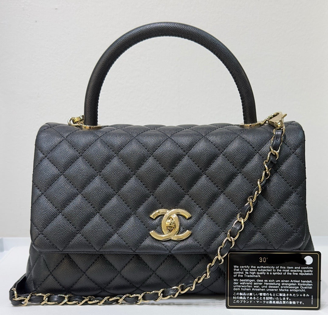 Chanel Medium Caviar Quilted Coco Handle Flap Black GHW 30 holo card