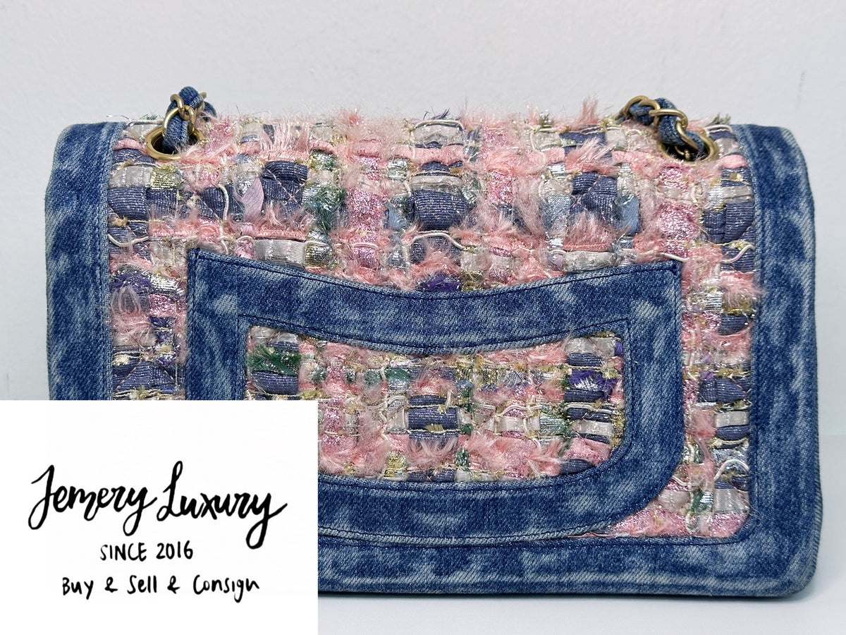 Chanel Pink, Silver, and Gold Tweed and Denim Medium Classic Double Flap Gold Hardware, 2016