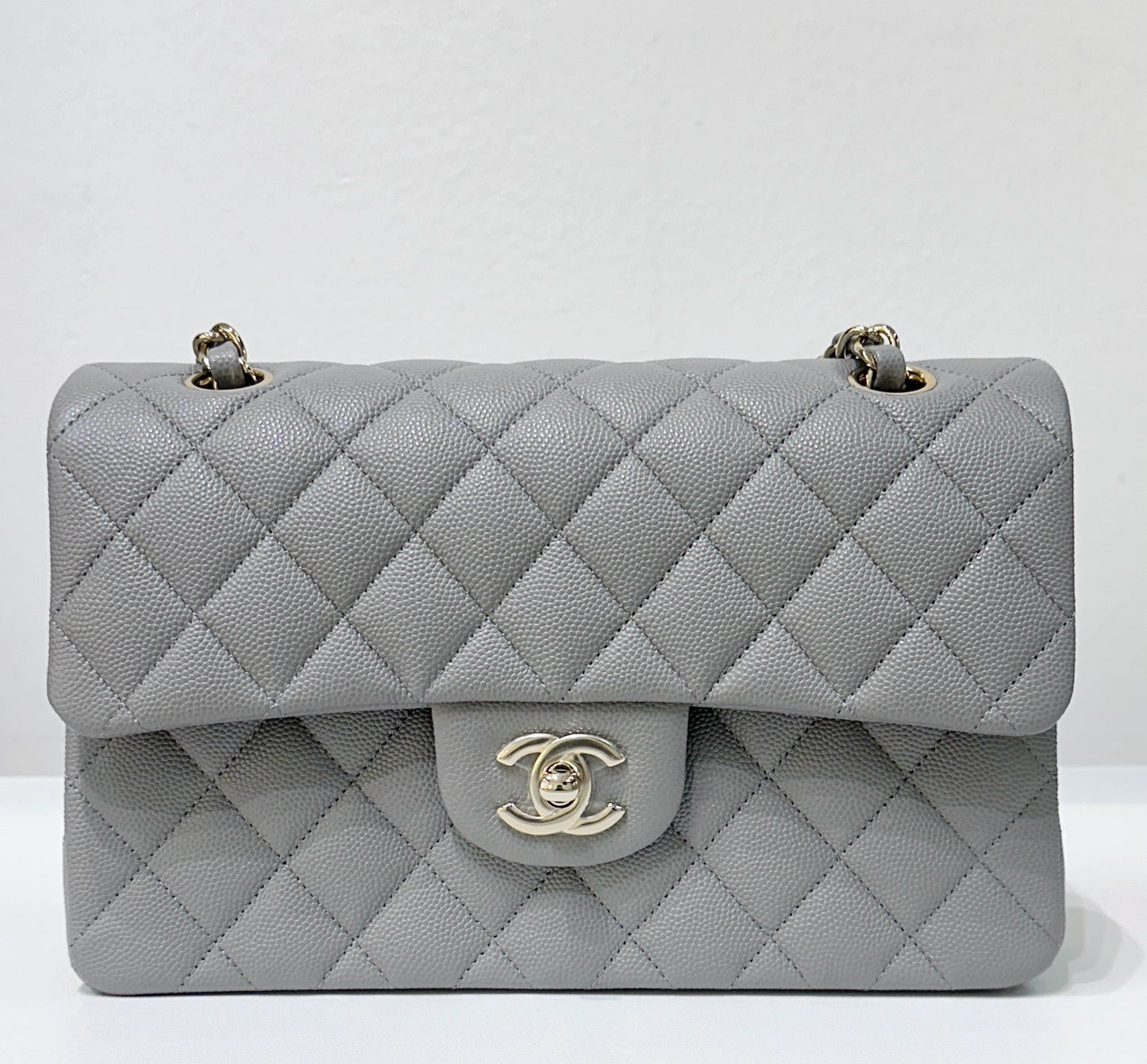 Chanel Small Caviar Quilted Double Flap Grey 21B Unused Condition