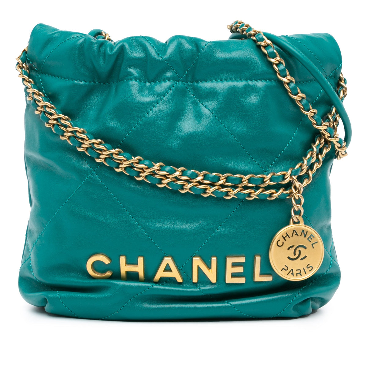 Teal Chanel Mini Shiny Calfskin 22 Handbag Satchel