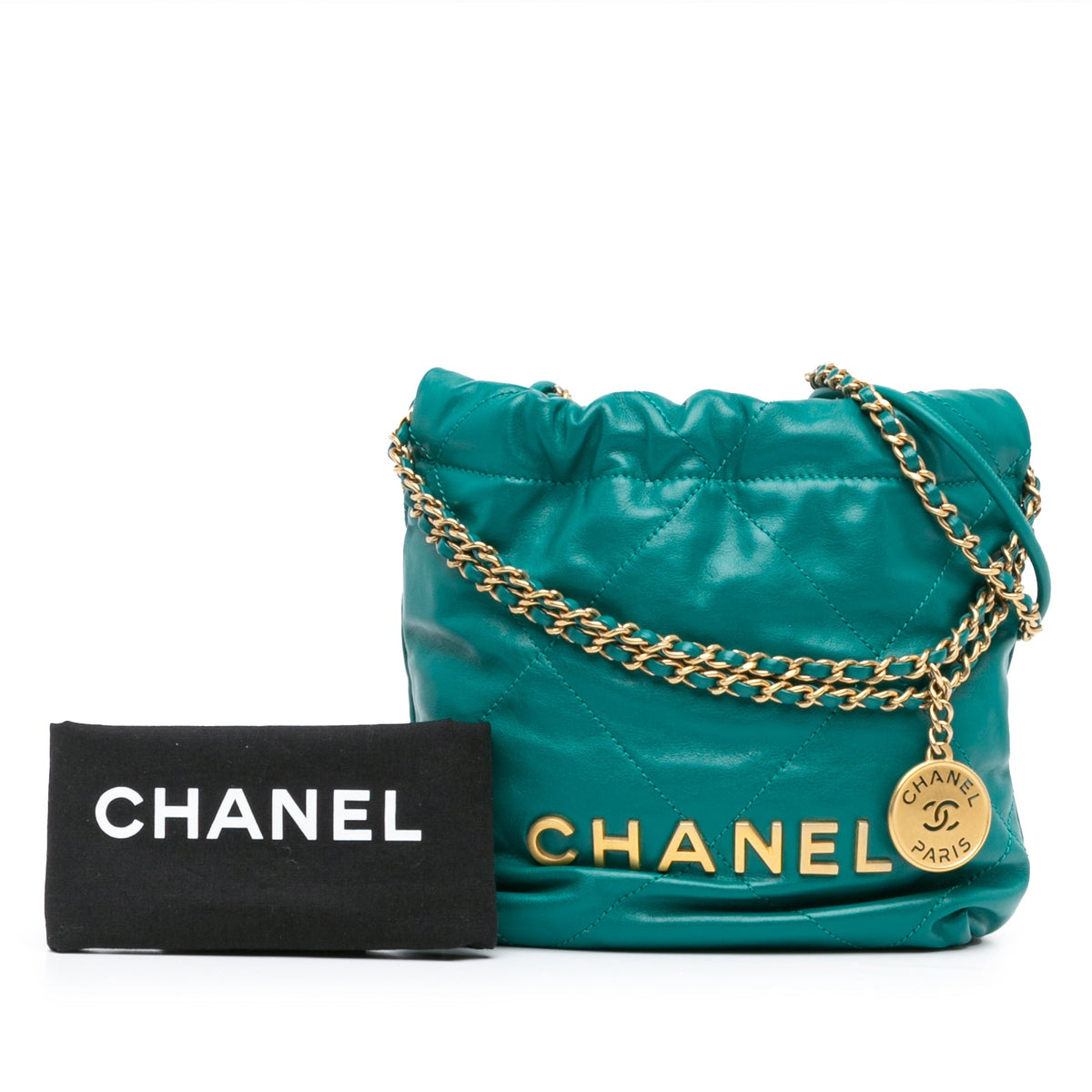 Teal Chanel Mini Shiny Calfskin 22 Handbag Satchel