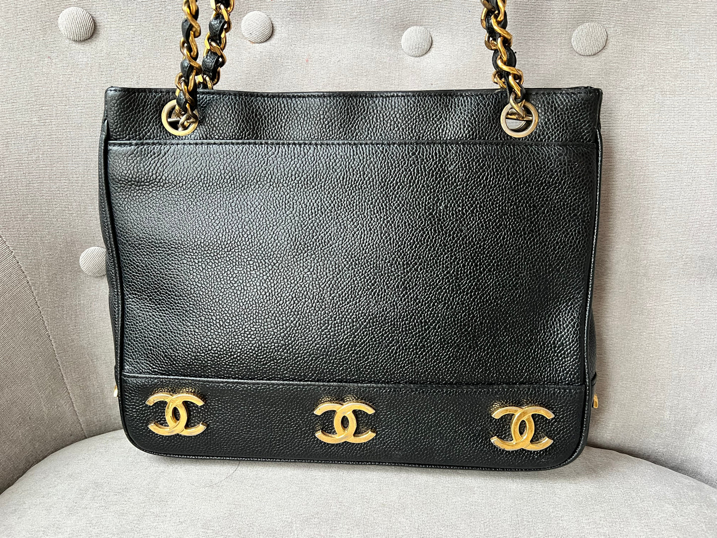 Chanel Vintage Black Caviar Chain Tote with 24k Gold Hardware