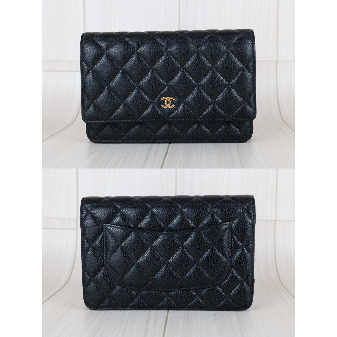 Very Good ( Rank A)｜ CHANEL Matelasse Caviar Skin Chain Wallet Black Gold Hardware Made in 2018-2019 Year ｜S25021804