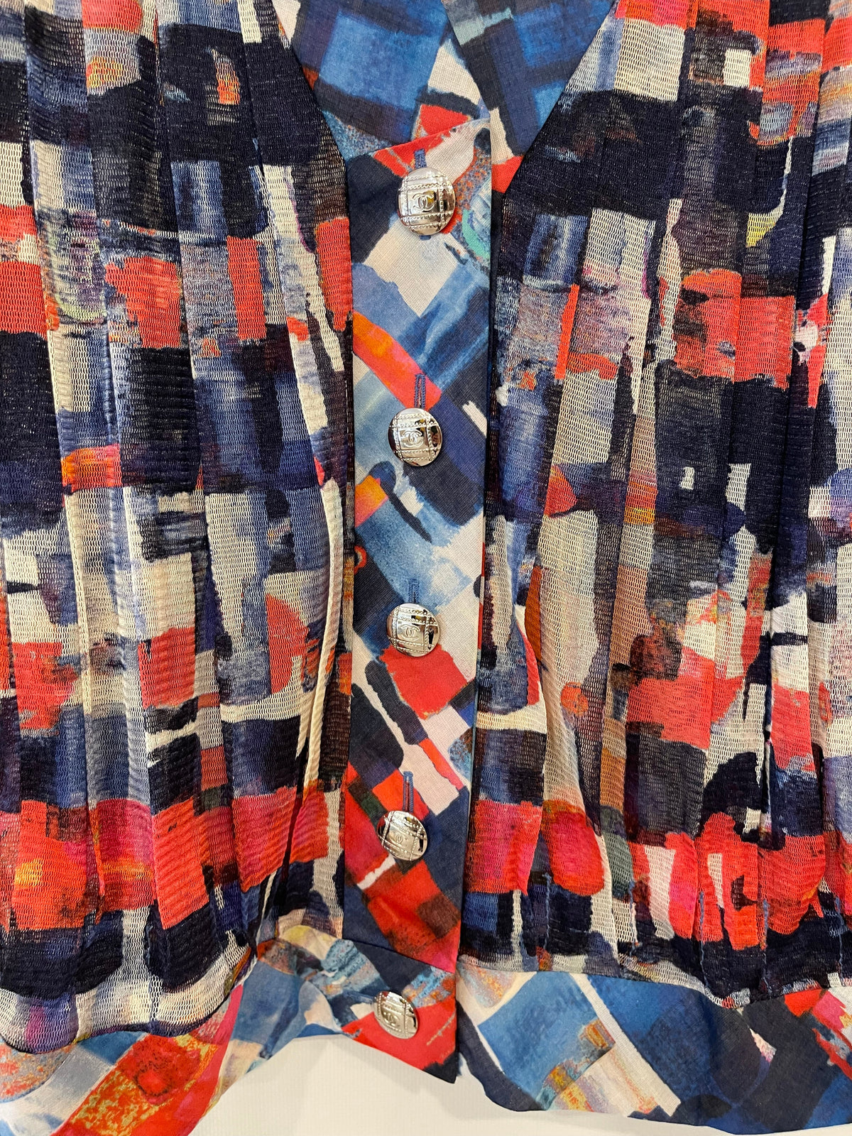 Chanel Multicolour Printed Silk Sleeveless Top with Silver CC Buttons Size FR 36 (UK 8)