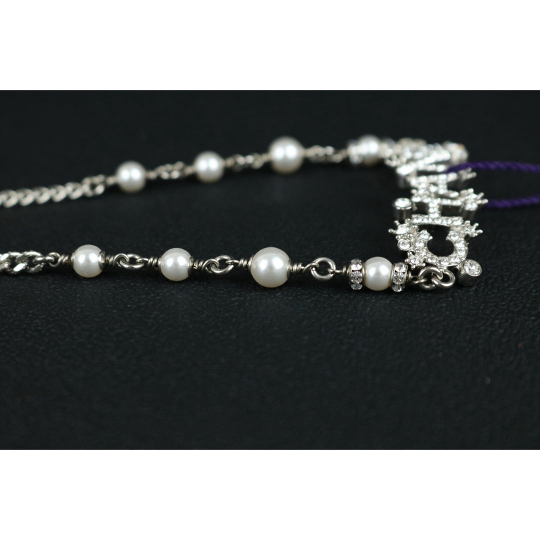 Excellent（Rank SA）｜ CHANEL Coco Mark Chain Pearl Rhinestone Chocker Necklace Silver｜F25032507