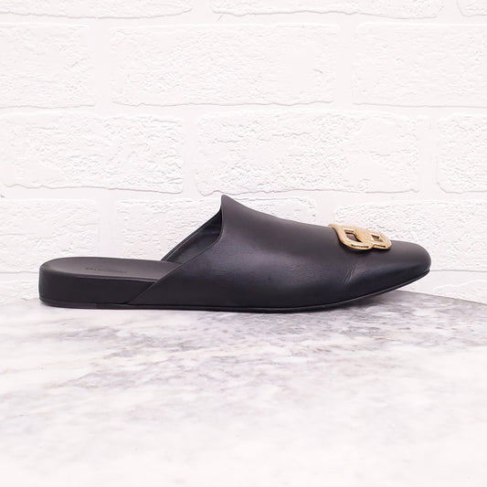BALENCIAGA BLACK 'B LOGO' LEATHER MULES - SIZE 38.5