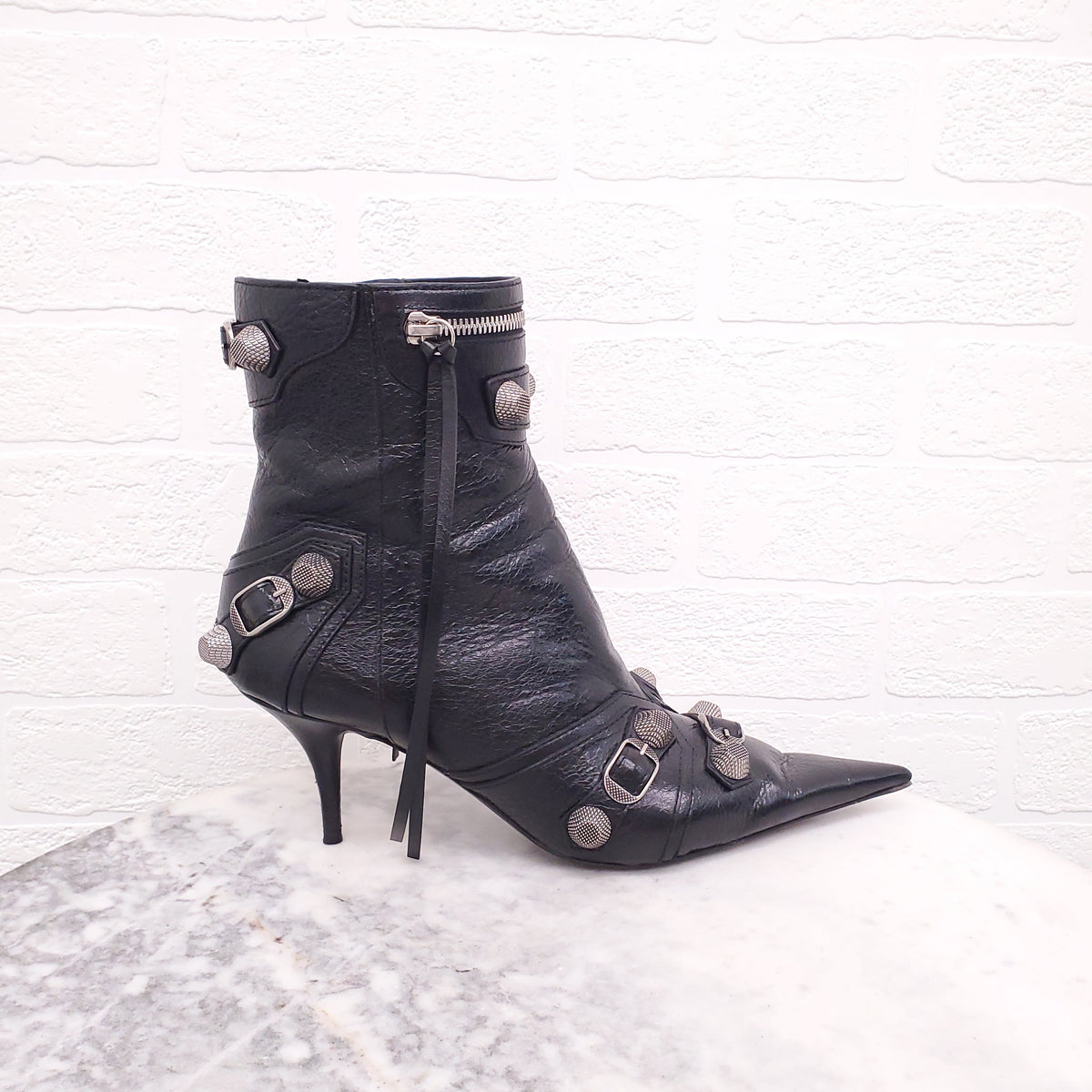 BALENCIAGA CAGOLE EMBELLISHED PEBBLED LEATHER ANKLE BOOTS - SIZE 39.5