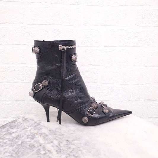 BALENCIAGA CAGOLE EMBELLISHED PEBBLED LEATHER ANKLE BOOTS - SIZE 39.5