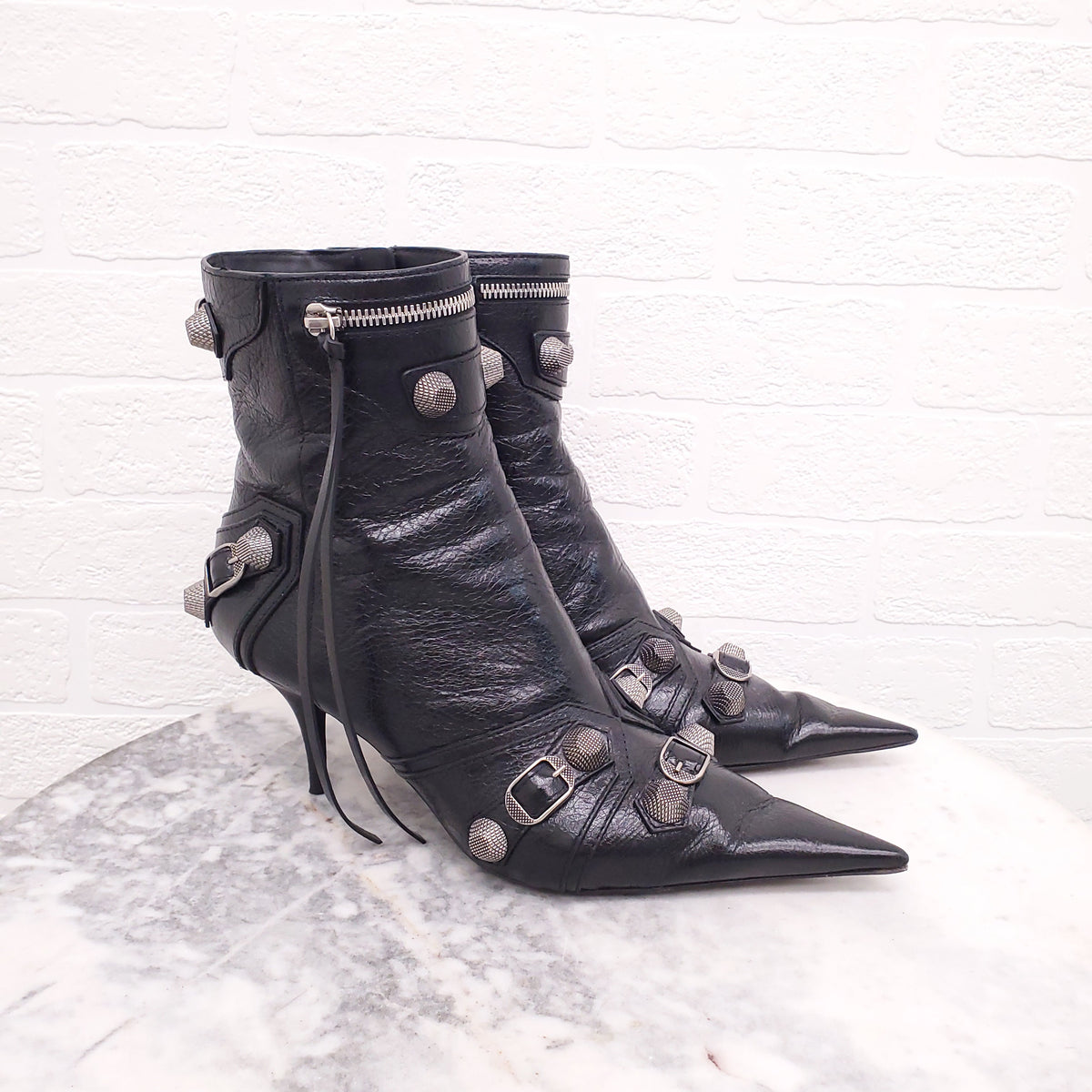 BALENCIAGA CAGOLE EMBELLISHED PEBBLED LEATHER ANKLE BOOTS - SIZE 39.5