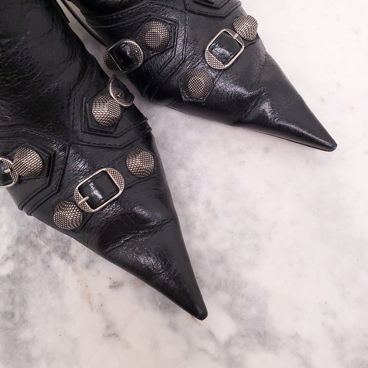 BALENCIAGA CAGOLE EMBELLISHED PEBBLED LEATHER ANKLE BOOTS - SIZE 39.5