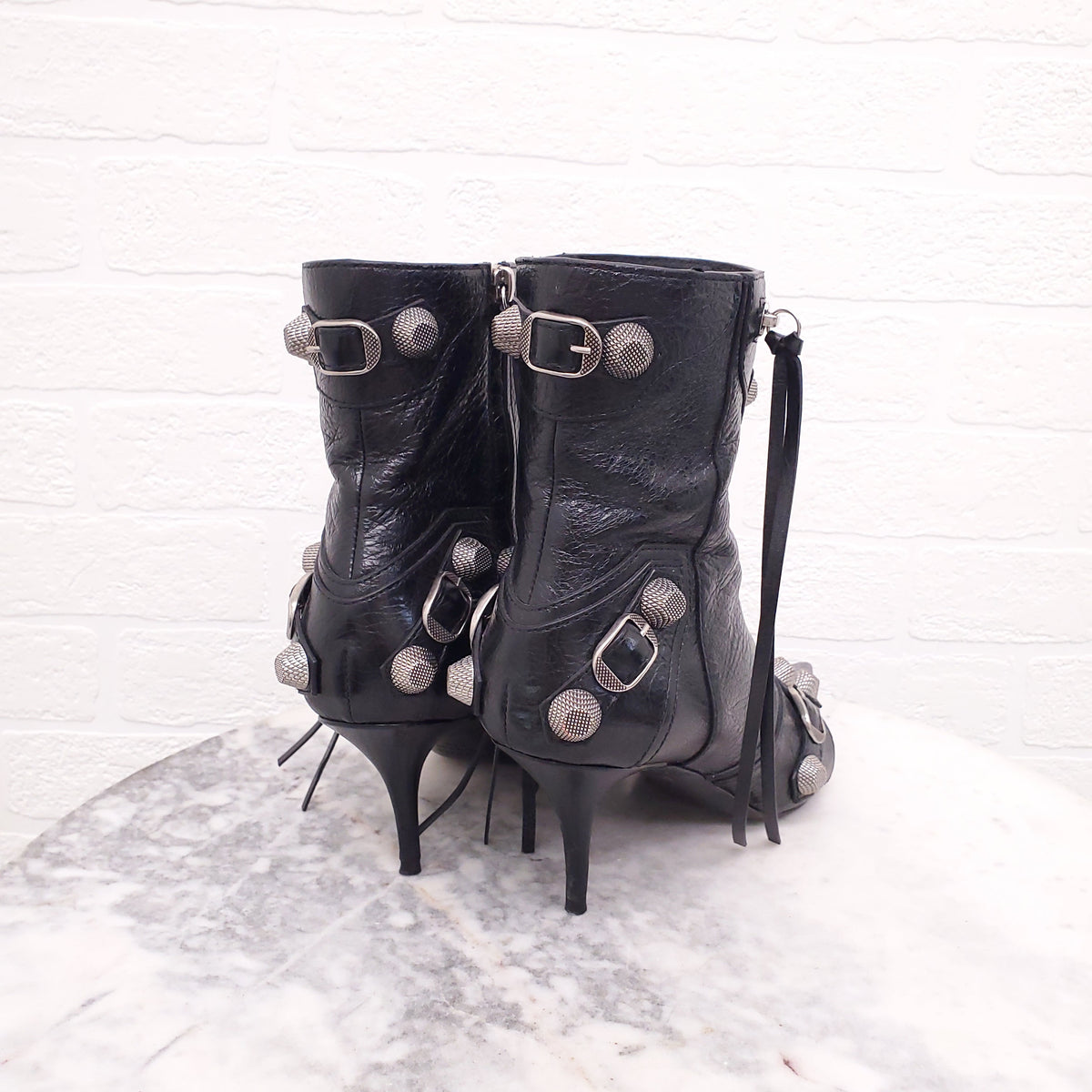 BALENCIAGA CAGOLE EMBELLISHED PEBBLED LEATHER ANKLE BOOTS - SIZE 39.5