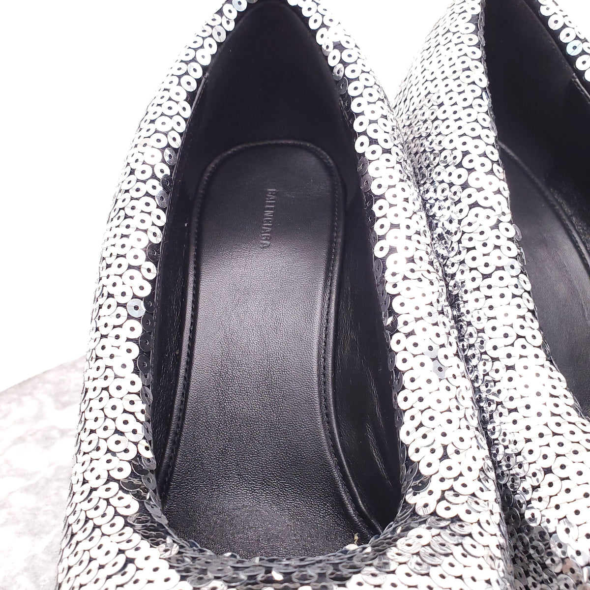 BALENCIAGA XL PUMP SILVER SEQUIN HEELS - SIZE 38