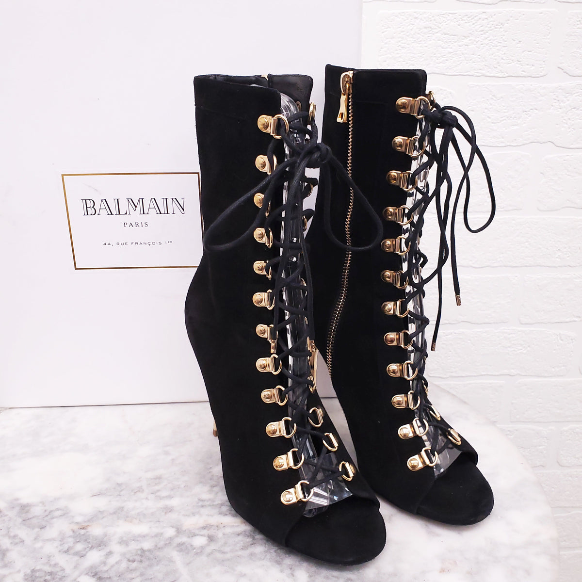 BALMAIN BLACK SUEDE LACE UP BOOTIES WITH GOLD HEEL - SIZE 37