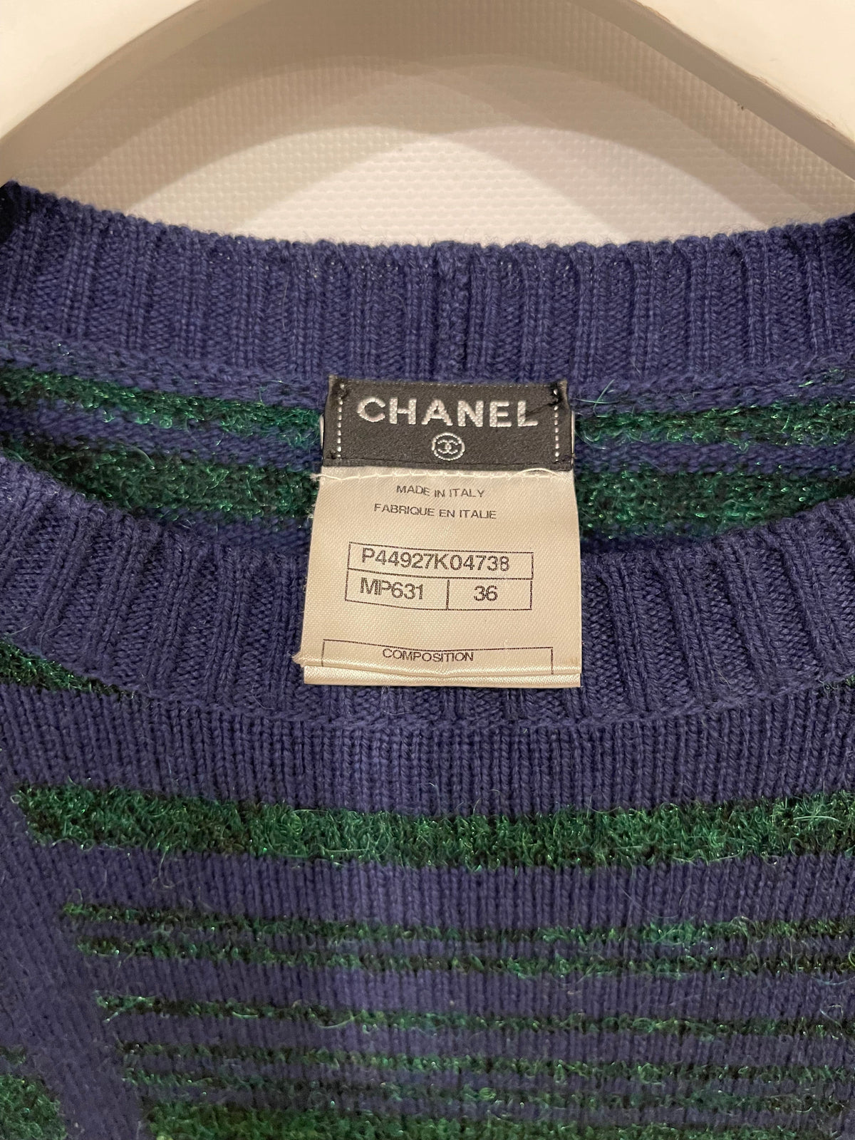 Chanel Navy Cashmere Long-Sleeve Jumper with Green Sequin Embellishments Size FR 36 (UK 8)