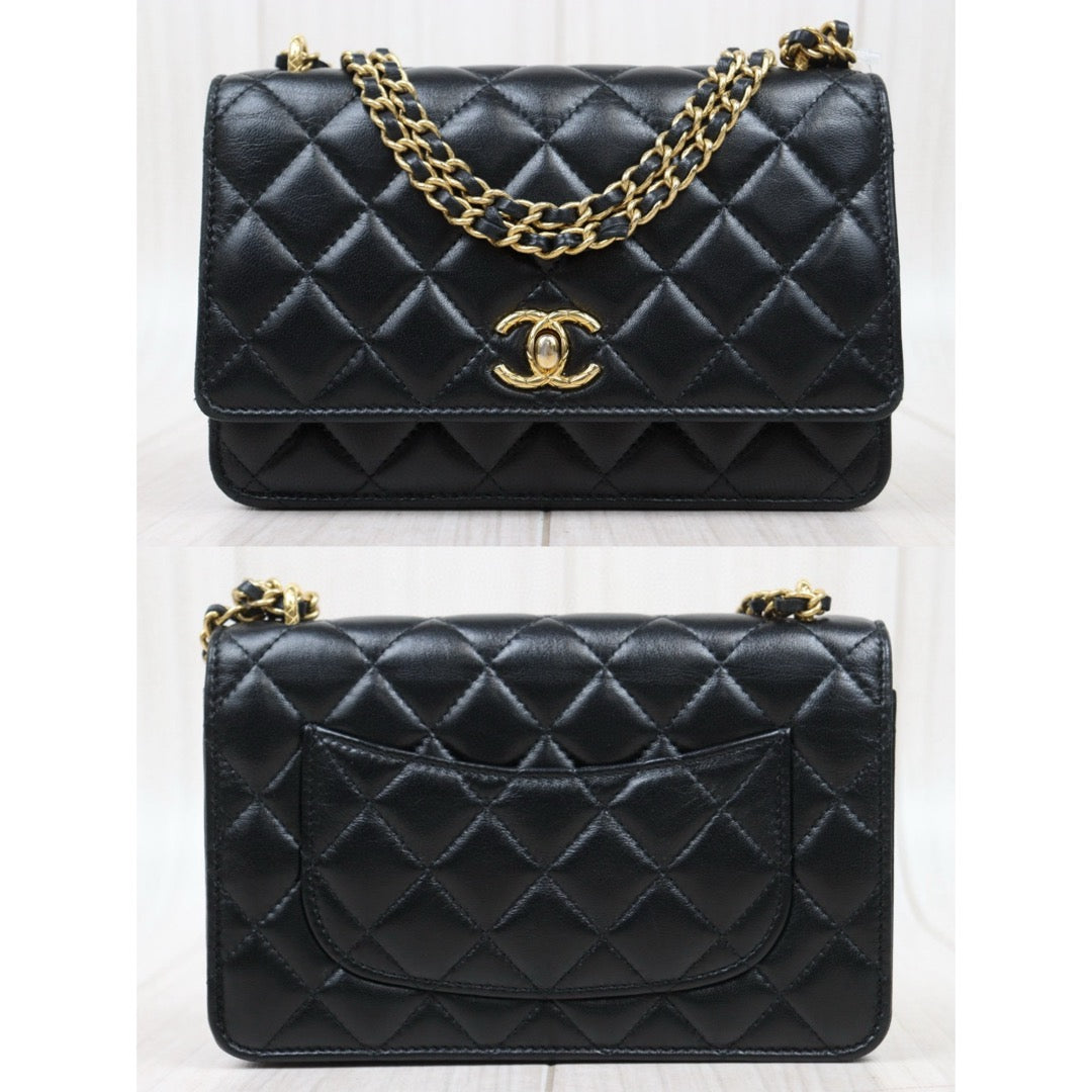 Good ( Rank AB)｜ CHANEL Matelasse Lamb Skin Chain Wallet Black Gold Hardware IC Chips Model ｜P25031402