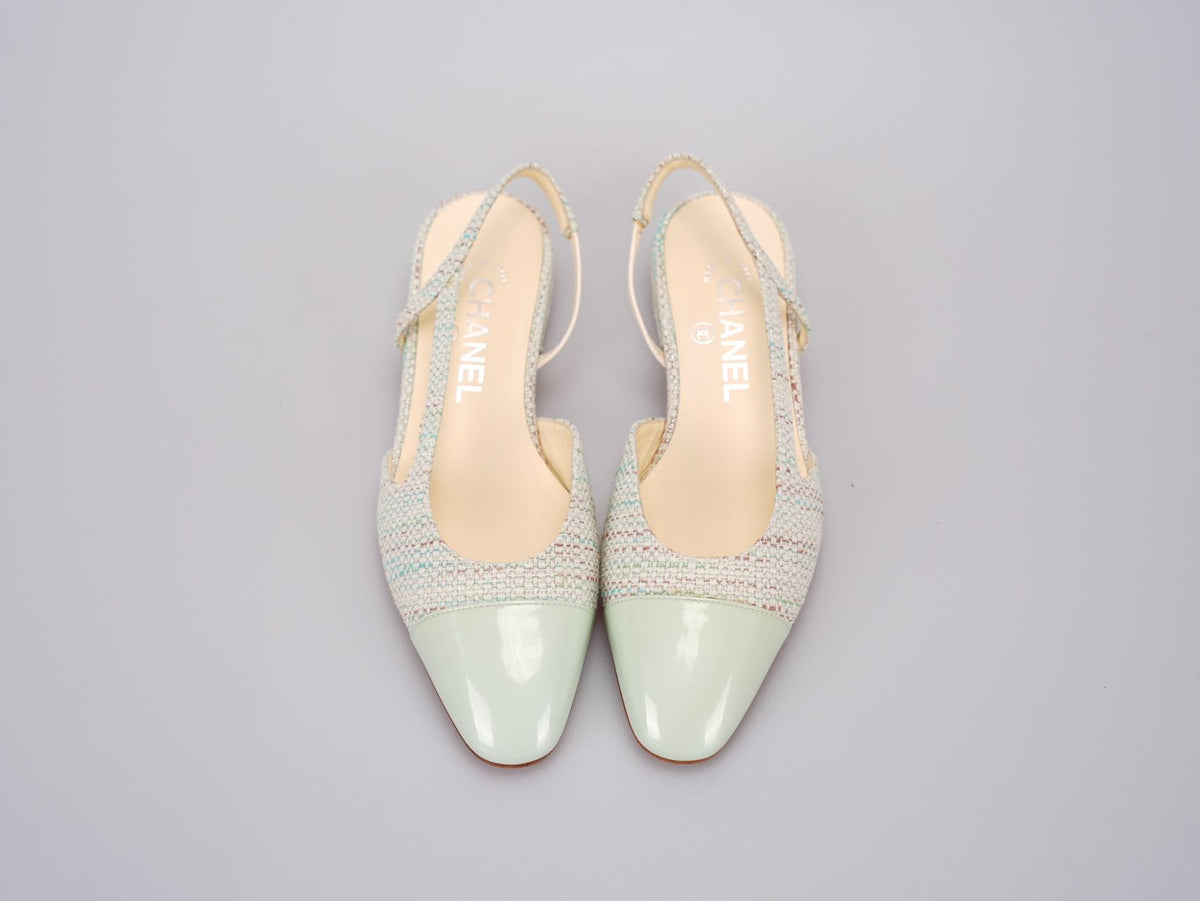 Chanel Light Green Tweed Slingback Patent Cap Toe Ballerinas 36