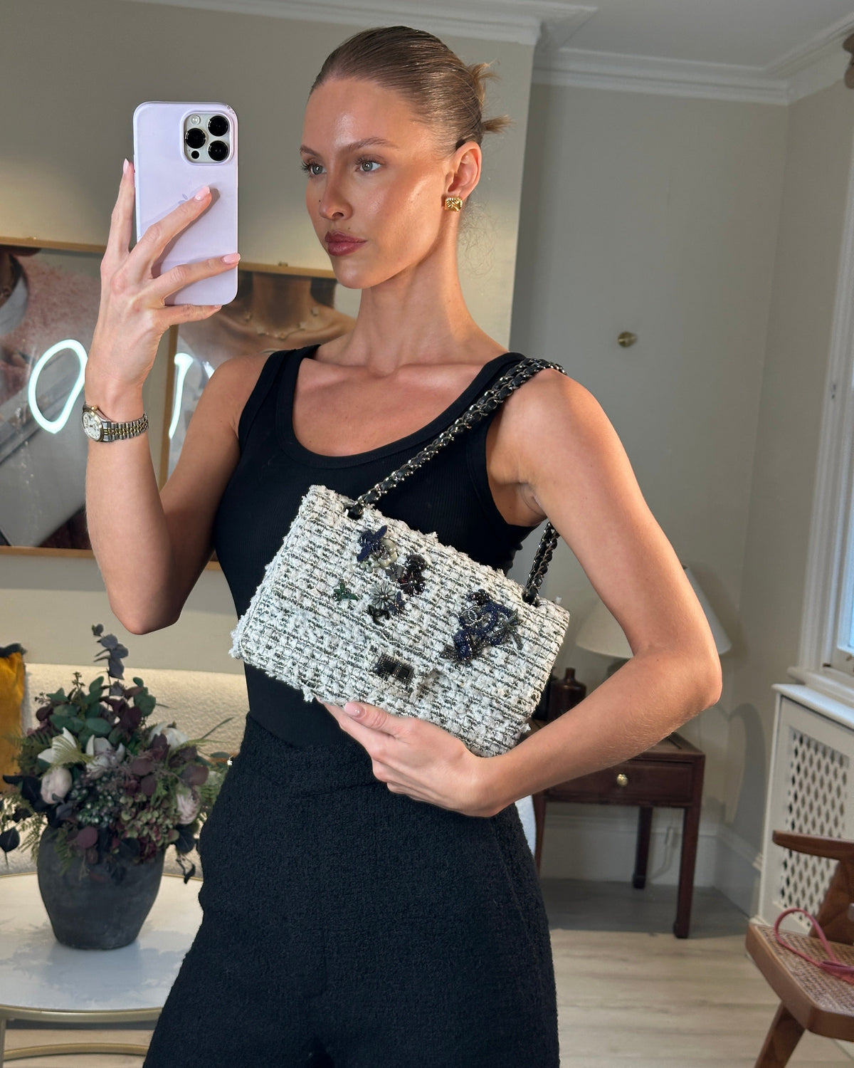 Chanel White and Black Tweed Medium Reissue Double Flap Bag with Embellished Detail and Gun-Metal Hardware RRP ¬£8,180