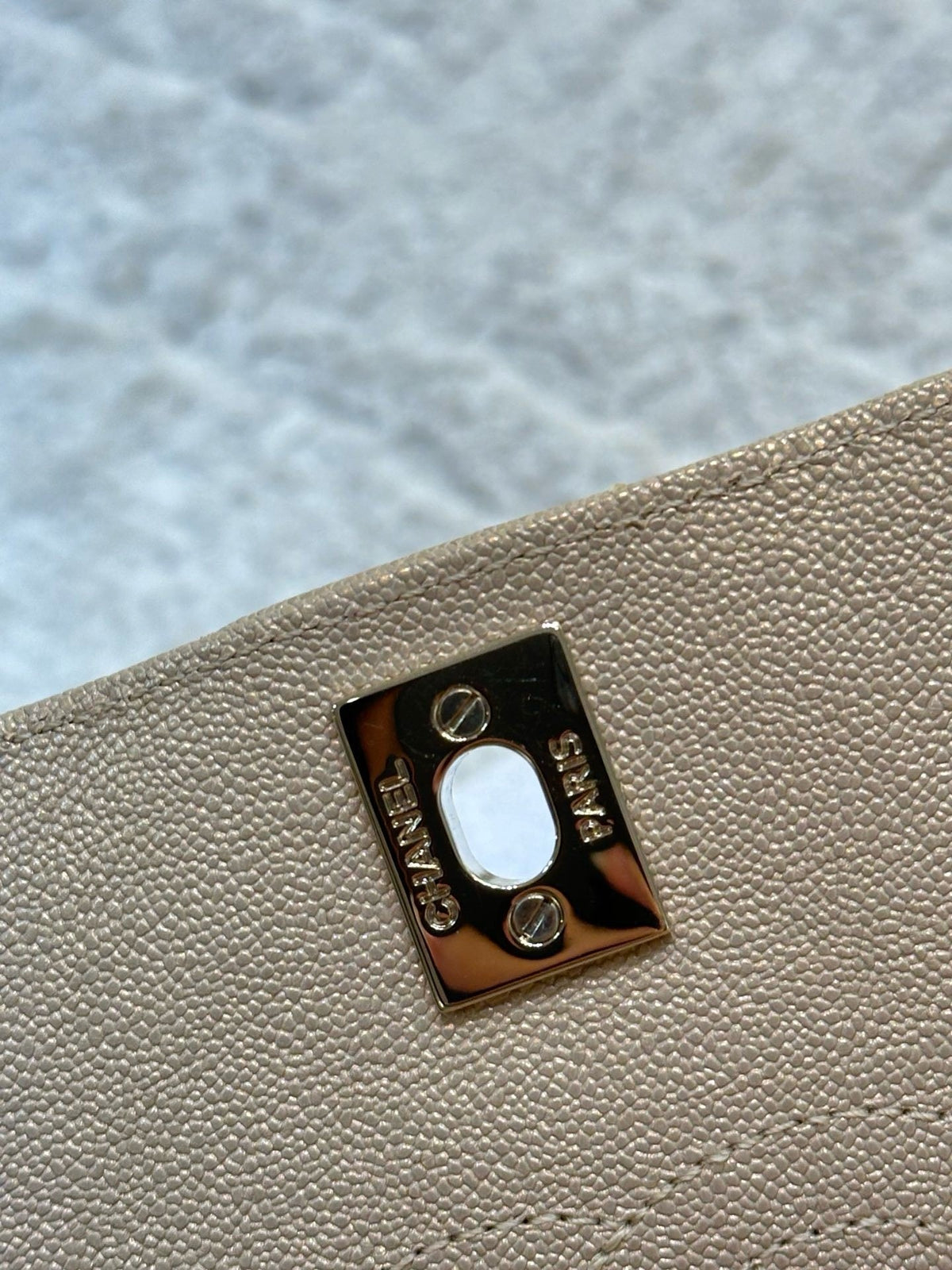 Chanel Mini Statement Metallic Caviar Chevron Quilted Flap Beige LGHW