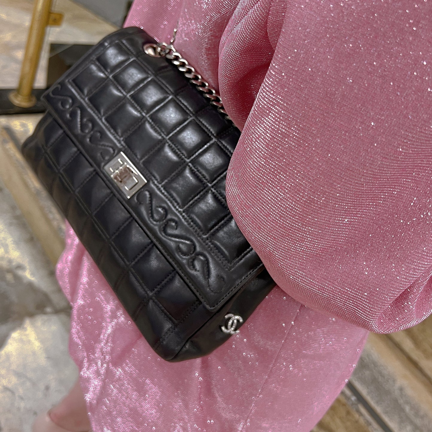 Chanel 2.55 chocolate bar rhinestone chain shoulder Bag