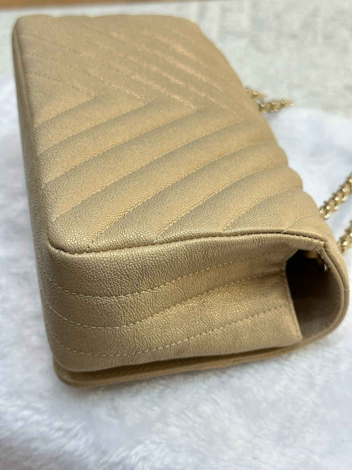 Chanel Mini Statement Metallic Caviar Chevron Quilted Flap Beige LGHW
