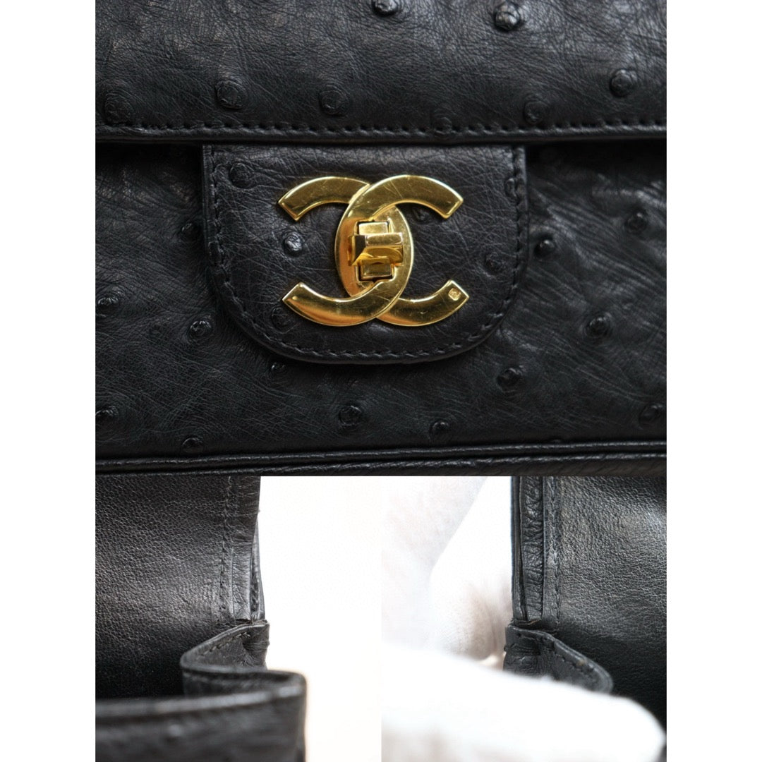 Good ( Rank AB)｜ CHANEL Ostrich Skin Double Flap 25 Chain Shoulder Bag Black Made In 1986 - 1988 Year｜25030704