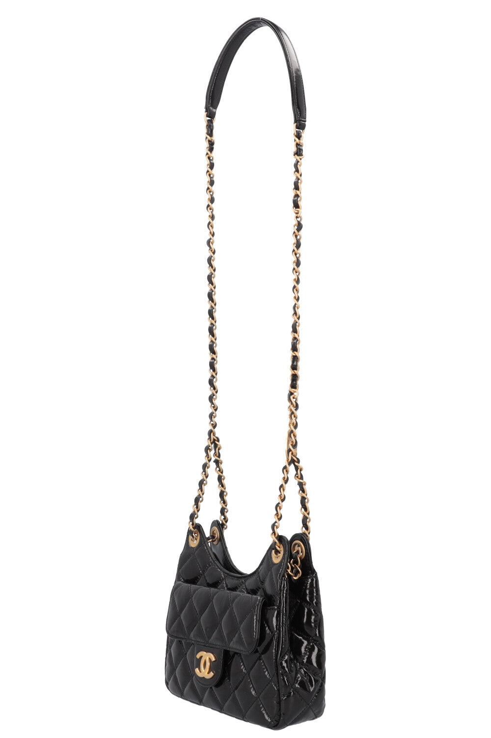 CHANEL Hobo Crossbody Bag Patent Black