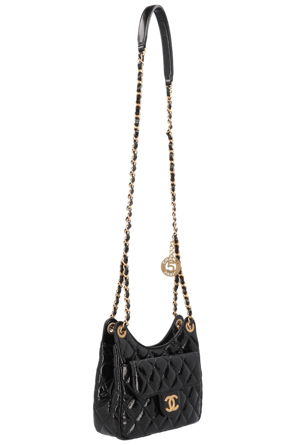 CHANEL Hobo Crossbody Bag Patent Black