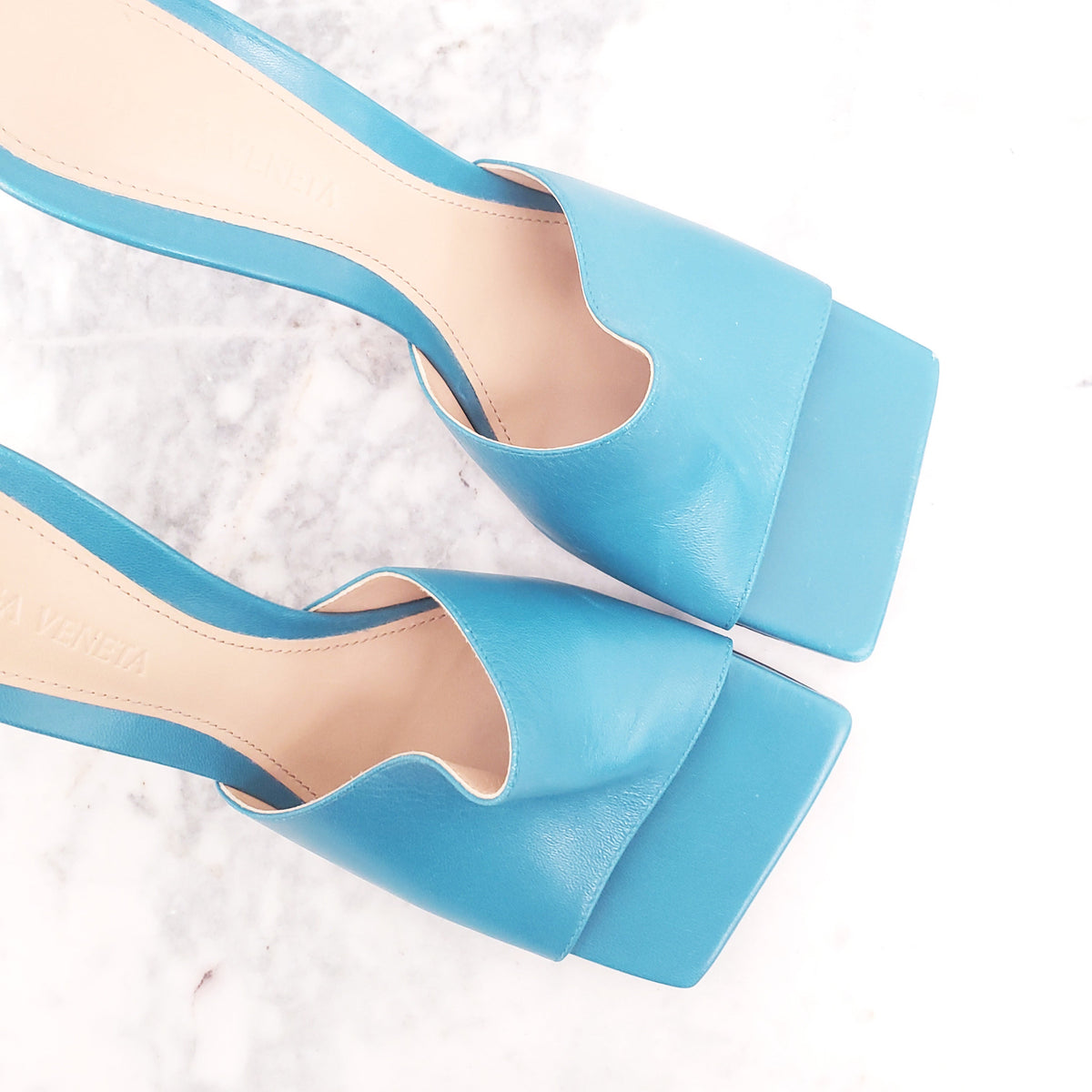 BOTTEGA VENETA TURQUOISE STRETCH SQUARE TOE SANDALS - SIZE 36
